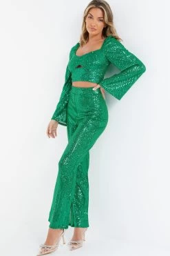 Green Sequin Cut Out Crop Top -Women Clothing Sale 00100036165 XS