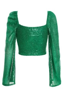 Green Sequin Cut Out Crop Top -Women Clothing Sale 00100036165 ZB
