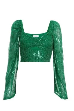 Green Sequin Cut Out Crop Top