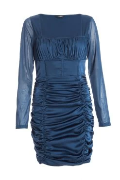 Blue Satin Ruched Mini Dress
