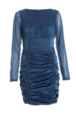 Blue Satin Ruched Mini Dress