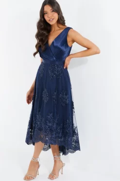 Navy Embroidered Dip Hem Dress -Women Clothing Sale 00100036183 XS scaled