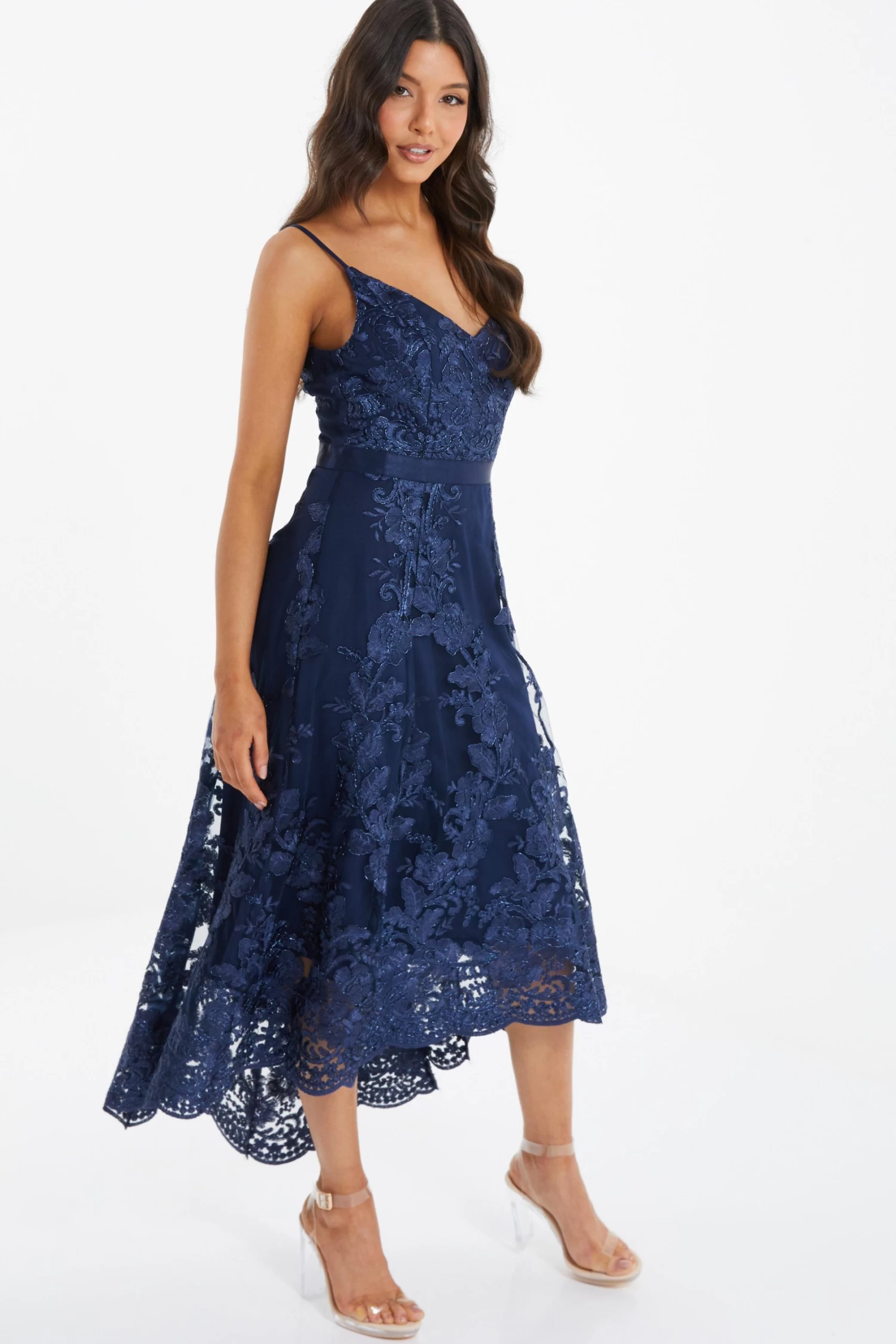 Navy Lace Dip Hem Strappy Midi Dress 4 Navy Lace Dip Hem Strappy Midi Dress - Image 4