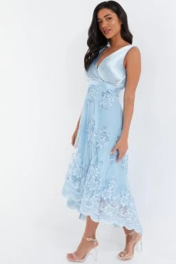 Blue Embroidered Dip Hem Dress -Women Clothing Sale 00100036187 XS
