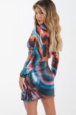 Multicoloured Sequin Marble Print Mini Skirt -Women Clothing Sale 00100036199 XB