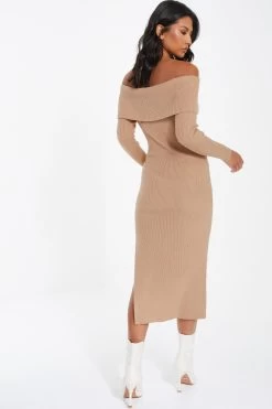 Camel Ribbed Knit Bodycon Midi Dress -Women Clothing Sale 00100036206 XB