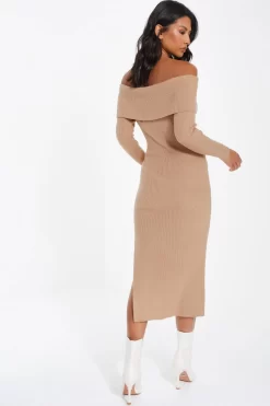 Camel Ribbed Knit Bodycon Midi Dress -Women Clothing Sale 00100036206 XB scaled