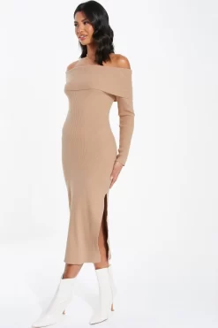 Camel Ribbed Knit Bodycon Midi Dress -Women Clothing Sale 00100036206 XS scaled