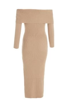 Camel Ribbed Knit Bodycon Midi Dress -Women Clothing Sale 00100036206 ZB