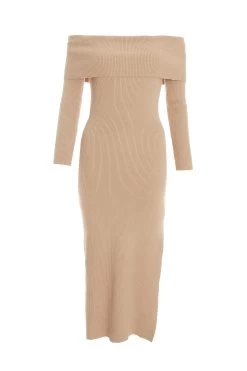 Women Clothing Sale 21 Camel Ribbed Knit Bodycon Midi Dress