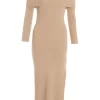 Camel Ribbed Knit Bodycon Midi Dress
