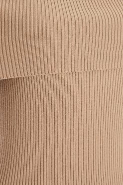 Camel Ribbed Knit Bodycon Midi Dress -Women Clothing Sale 00100036206 ZS