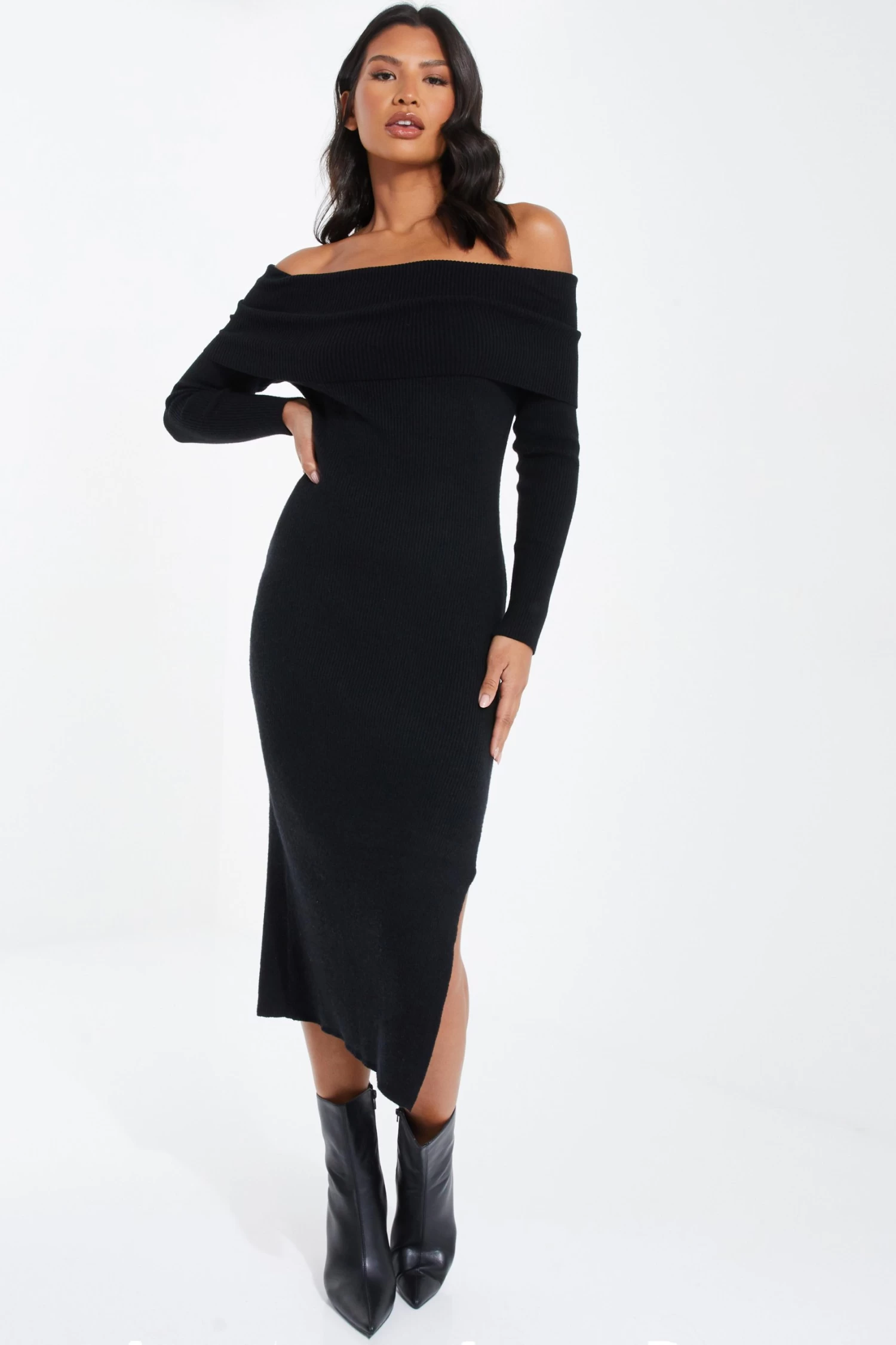 Black Ribbed Knit Bodycon Midi Dress 2 Black Ribbed Knit Bodycon Midi Dress - Image 2