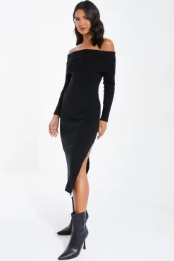 Black Ribbed Knit Bodycon Midi Dress 9 Black Ribbed Knit Bodycon Midi Dress -Women Clothing Sale 00100036207 XS