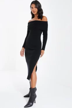 Black Ribbed Knit Bodycon Midi Dress -Women Clothing Sale 00100036207 XS scaled