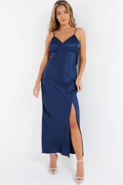 Blue Satin Bow Midaxi Dress -Women Clothing Sale 00100036242 XB