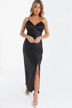 Black Satin Bow Midaxi Dress -Women Clothing Sale 00100036244 XB