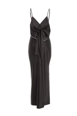 Black Satin Bow Midaxi Dress -Women Clothing Sale 00100036244 ZB