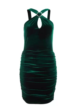Bottle Green Velvet Diamante Halter Neck Dress