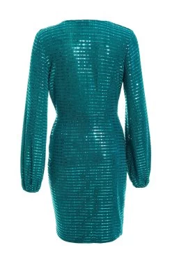 Teal Sequin Ruched Bodycon Mini Dress -Women Clothing Sale 00100036282 ZB