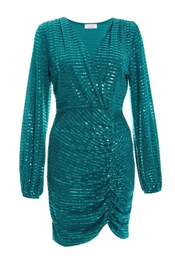 Teal Sequin Ruched Bodycon Mini Dress