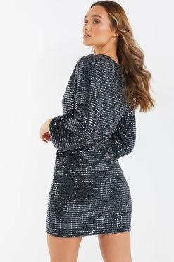 Black Sequin Ruched Bodycon Mini Dress -Women Clothing Sale 00100036283 XB