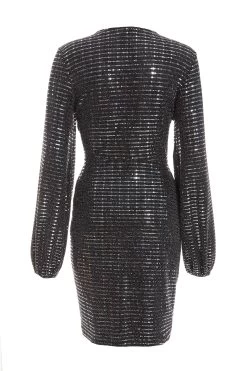 Black Sequin Ruched Bodycon Mini Dress -Women Clothing Sale 00100036283 ZB