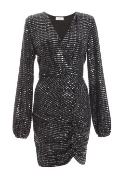 Black Sequin Ruched Bodycon Mini Dress