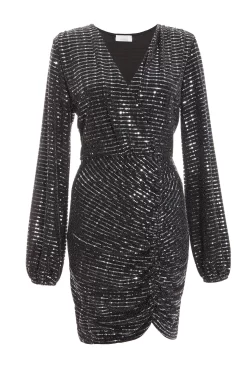 Black Sequin Ruched Bodycon Mini Dress