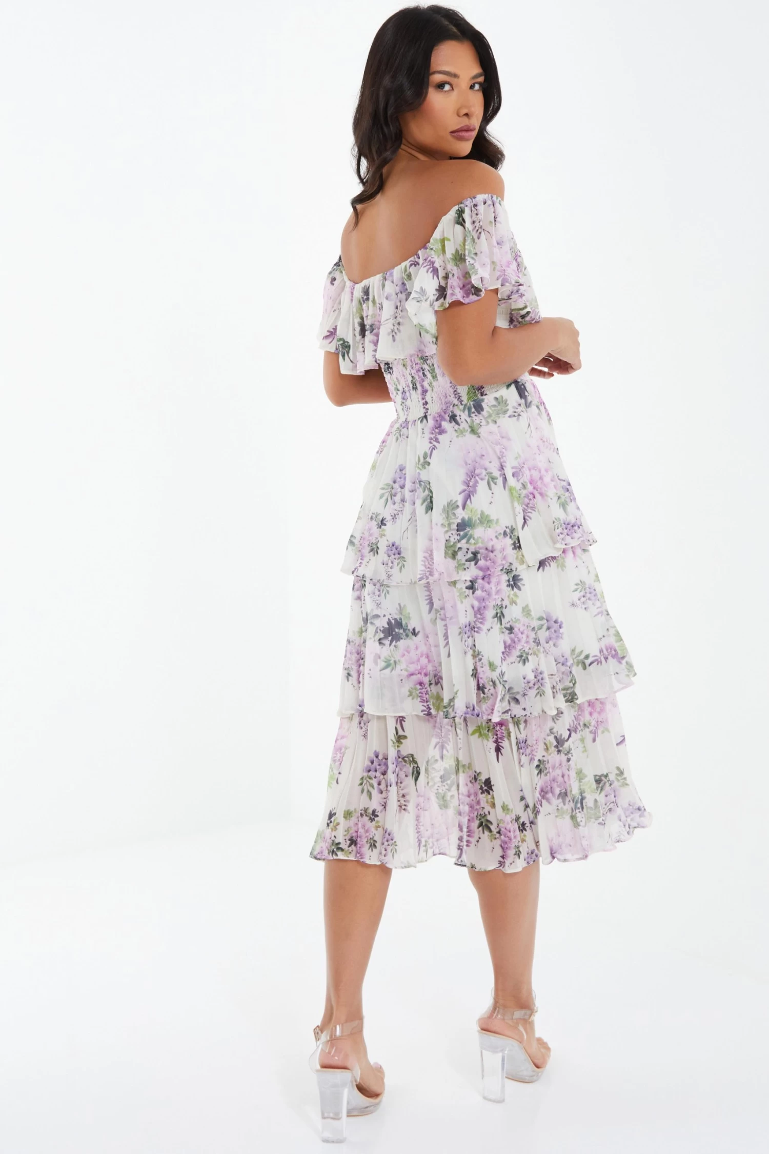 White Chiffon Floral Bardot Midi Dress 3 White Chiffon Floral Bardot Midi Dress - Image 3