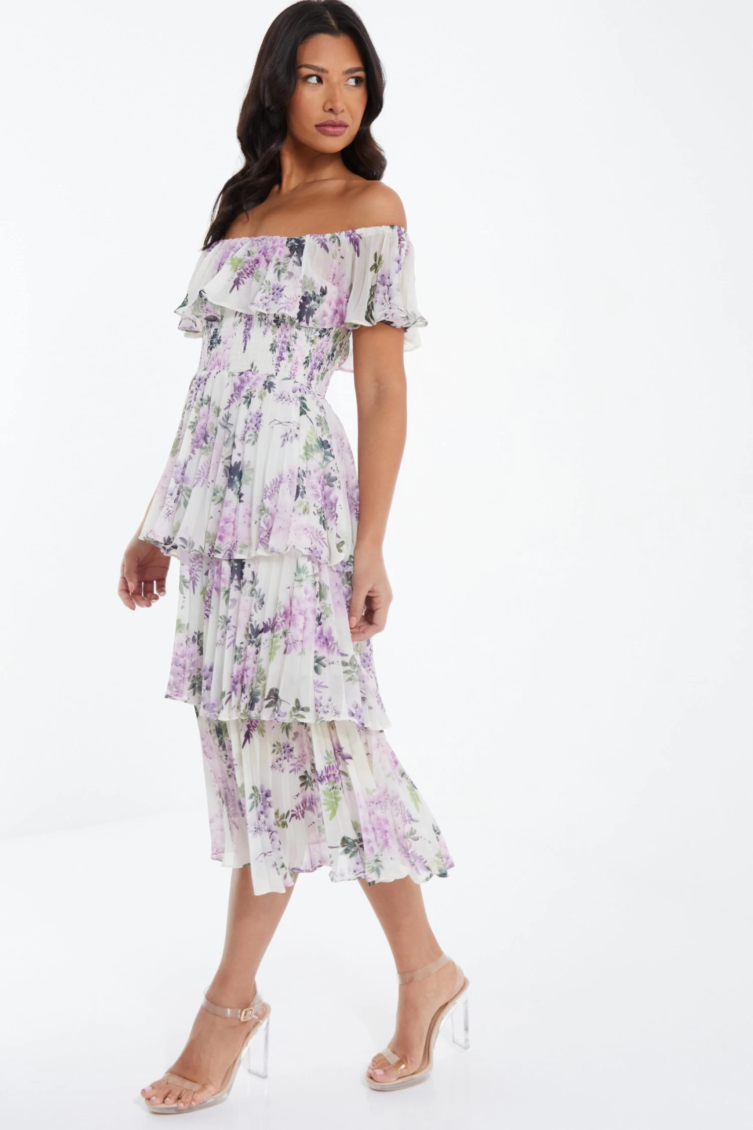 White Chiffon Floral Bardot Midi Dress 2 White Chiffon Floral Bardot Midi Dress - Image 2