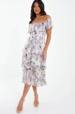 White Chiffon Floral Bardot Midi Dress 9 White Chiffon Floral Bardot Midi Dress -Women Clothing Sale 00100036289 XS scaled