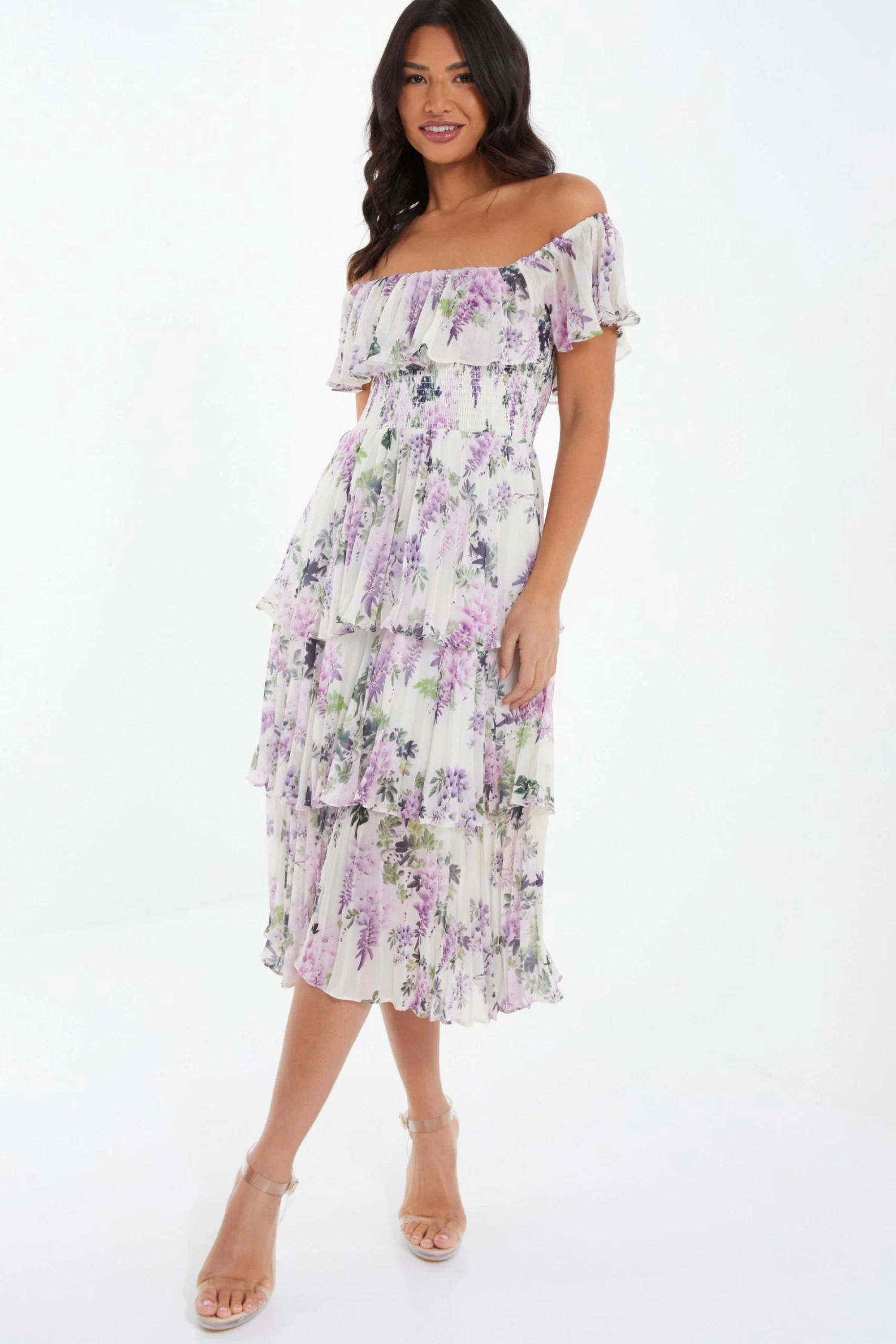 White Chiffon Floral Bardot Midi Dress 4 White Chiffon Floral Bardot Midi Dress - Image 4