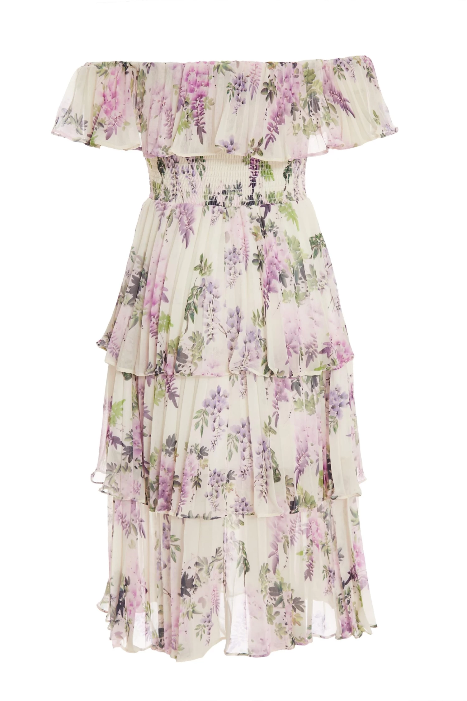 White Chiffon Floral Bardot Midi Dress 5 White Chiffon Floral Bardot Midi Dress - Image 5