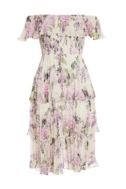 White Chiffon Floral Bardot Midi Dress