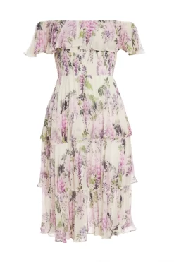White Chiffon Floral Bardot Midi Dress