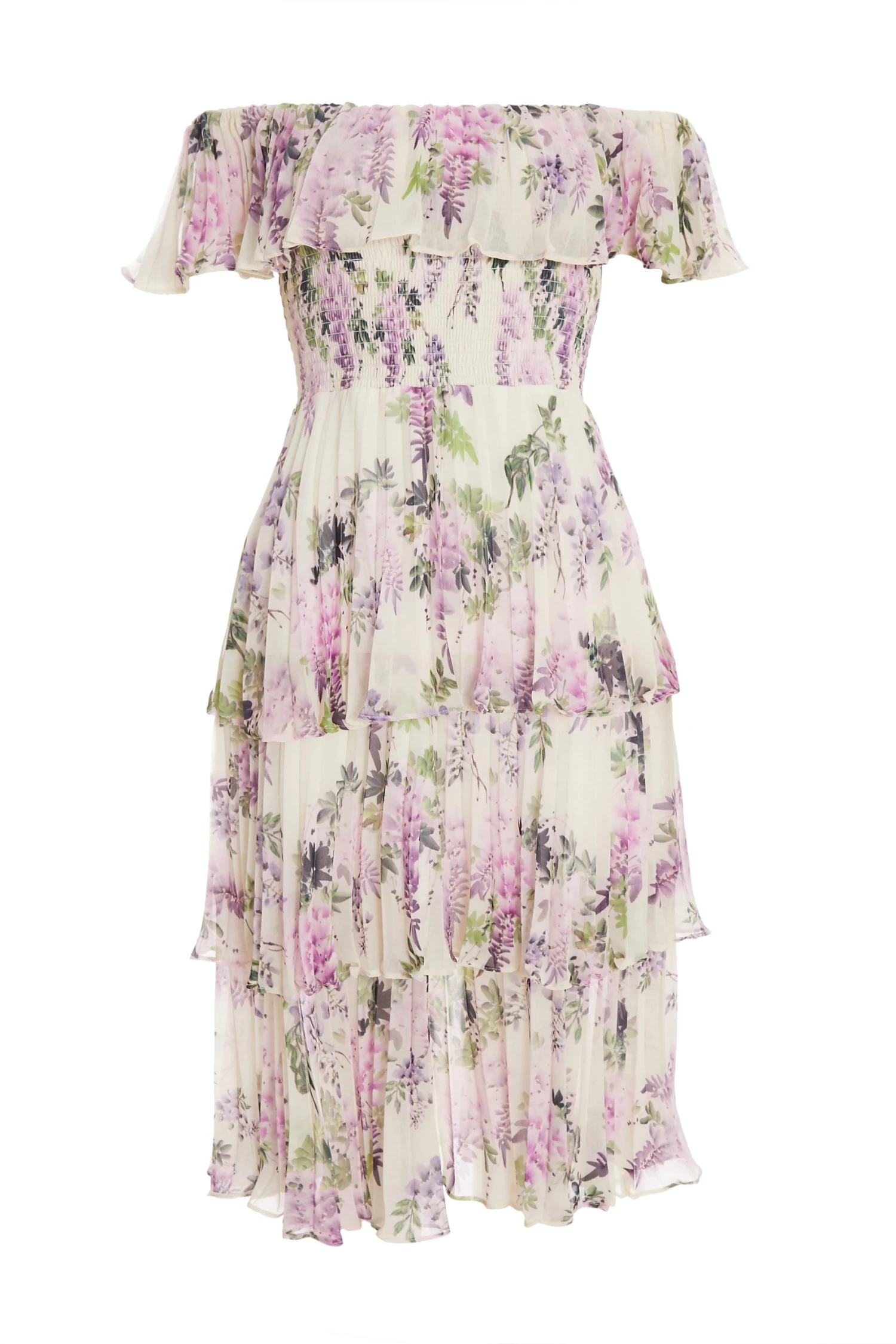 White Chiffon Floral Bardot Midi Dress 1 White Chiffon Floral Bardot Midi Dress