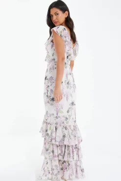White Chiffon Floral Frill Maxi Dress 8 White Chiffon Floral Frill Maxi Dress -Women Clothing Sale 00100036290 XB scaled