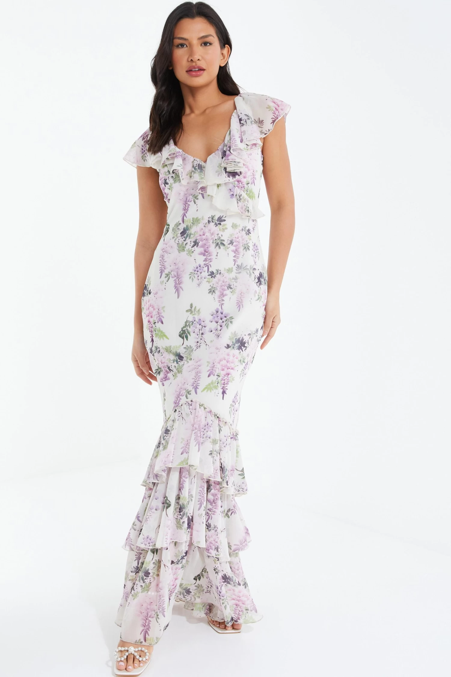 White Chiffon Floral Frill Maxi Dress 2 White Chiffon Floral Frill Maxi Dress - Image 2