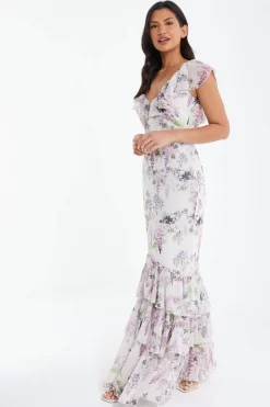 White Chiffon Floral Frill Maxi Dress 9 White Chiffon Floral Frill Maxi Dress -Women Clothing Sale 00100036290 XS scaled