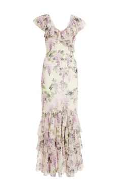 White Chiffon Floral Frill Maxi Dress