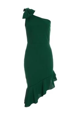 Bottle Green One Shoulder Bow Midi Dress