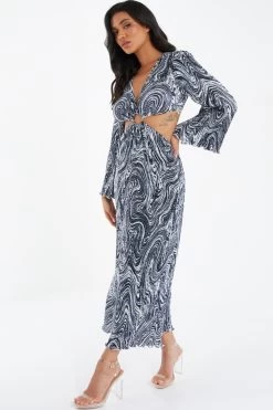 Black Plisse Swirl Midaxi Dress -Women Clothing Sale 00100036322 XS