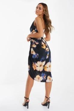 Black Satin Floral Ruched Midi Dress -Women Clothing Sale 00100036340 XB