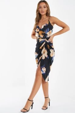 Black Satin Floral Ruched Midi Dress -Women Clothing Sale 00100036340 XS