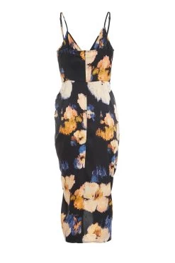 Black Satin Floral Ruched Midi Dress -Women Clothing Sale 00100036340 ZB