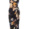 Black Satin Floral Ruched Midi Dress