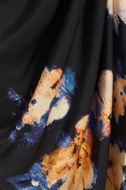 Black Satin Floral Ruched Midi Dress -Women Clothing Sale 00100036340 ZS scaled