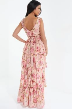 Cream Chiffon Floral Tiered Maxi Dress -Women Clothing Sale 00100036346 XB
