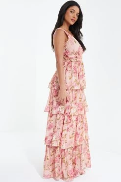Cream Chiffon Floral Tiered Maxi Dress -Women Clothing Sale 00100036346 XS
